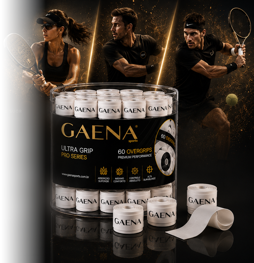 Atletas de padel, beach tennis e tênis com o pote de 60 overgrips Gaena Ultra Grip